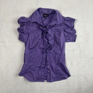 Y2K Bebe Purple Ruffle Cap Sleeve Button Up Collared Blouse Women's XS